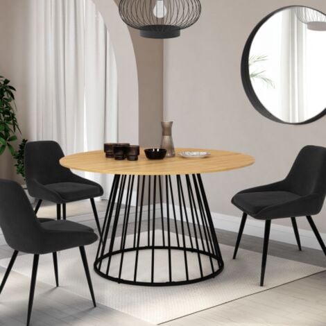 IDMARKET YUNA mesa de comedor redonda para 6 con tablero de madera y pata de metal alambrada 120 cm