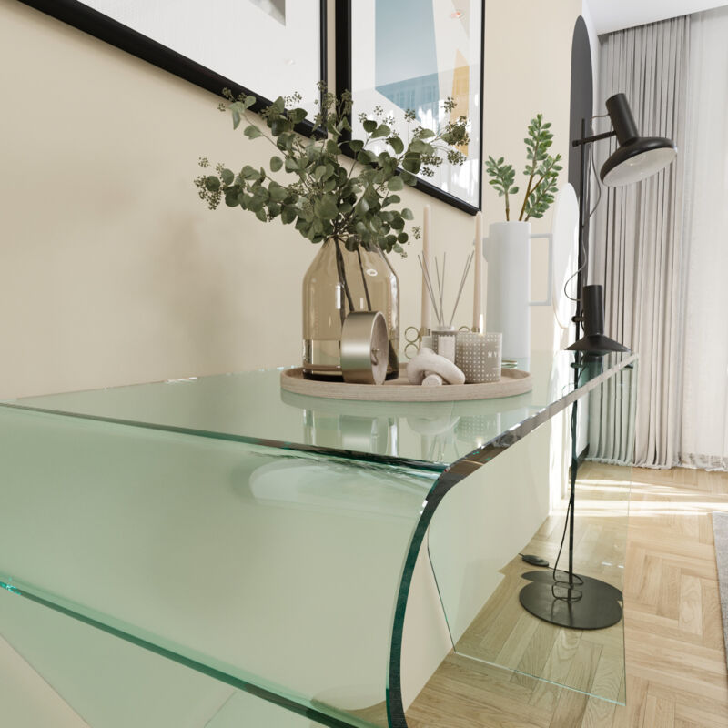 Consolle Luxury In Vetro Temperato E Ripiano in Legno Design Moderno Ed Elegante 125 x 76 x 40 Cm Rovere Tavolo Per Studio Salotto Salone Ufficio Z-85