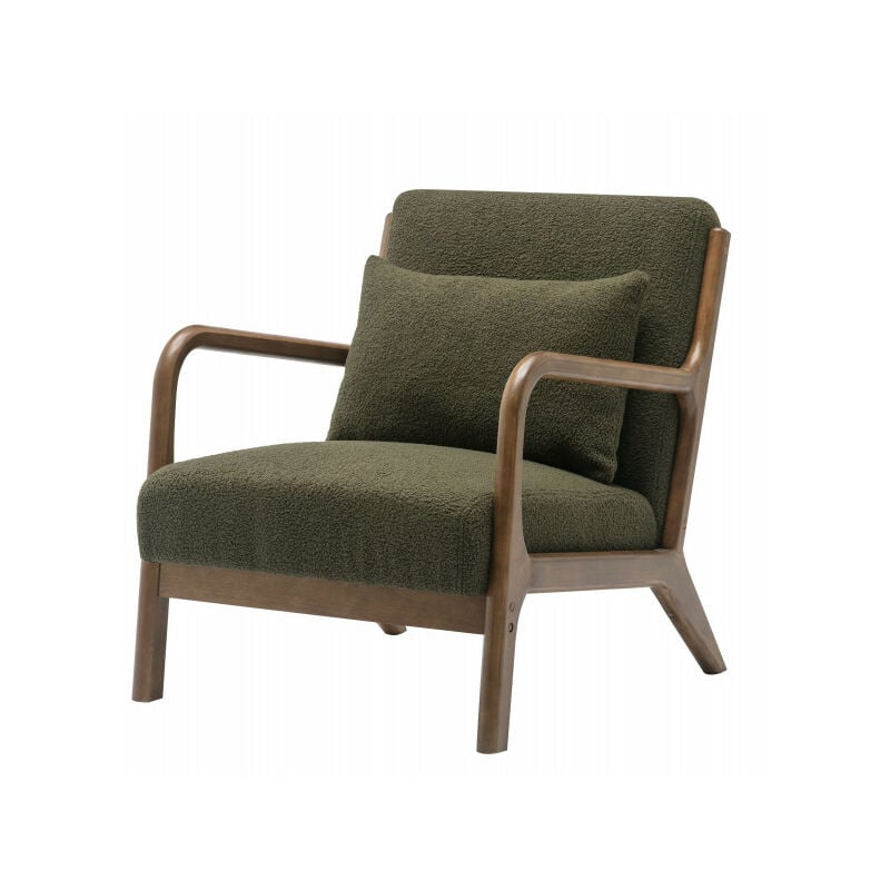 ZACK - Fauteuil lounge avec coussin Bouclette Army et bois teinté noyer