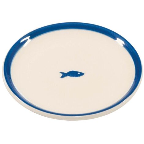 Zafferano Lot de 6 Assiettes à Dessert Stencil Collection Lido Décoration Poissons Bleus Céramique Italienne pour Service de Table Élégant et Moderne