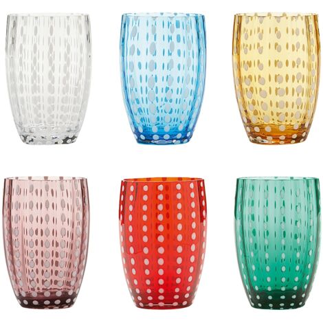 Zafferano Perle Couleurs Mélangées 2 - lot de 6 verres soufflés bouche 32cl, faits main, artisanaux, pour eau ou cocktails