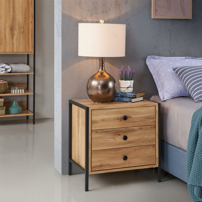 Zahra Bedside Table Cabinet Bedroom Furniture Nightstand 3 Drawer Wotan Oak