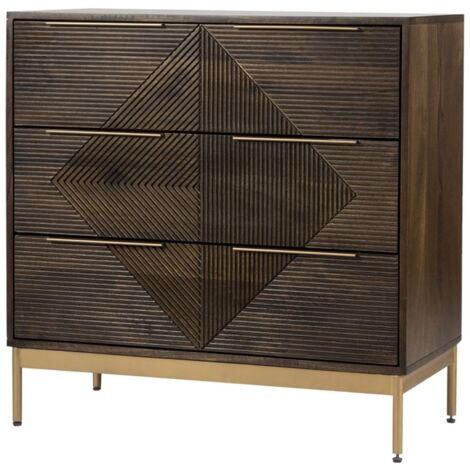 Zaine Carving 3 Drawer Chest - Mango Wood - L40 x W81.5 x H80.5 cm - Dark Finish - Assembly Required