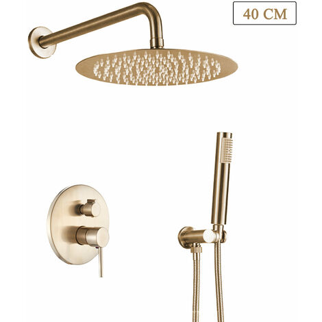 Zamery – Colonne de douche encastrée dorée brossée – Pommeau 40 cm en acier inoxydable – Mitigeur en laiton – Douchette à main PVC – Flexible 150 cm