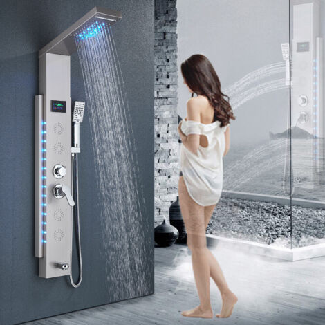 Zamery – Colonne de douche hydromassante 5 en 1 – Acier inoxydable 304 – Finition nickel brossé – Modes d'eau variés avec LED – Indicateur de température