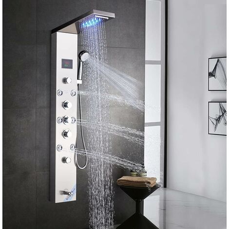 Zamery – Colonne de douche hydromassante avec 8 buses massantes – Douche cascade avec affichage LED – Acier inoxydable finition nickel brossé