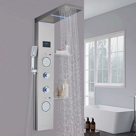 Zamery – Colonne de douche hydromassante en acier inox brossé – 5 fonctions – Douche à effet pluie et massage – Affichage LED – Tuyau 150 cm