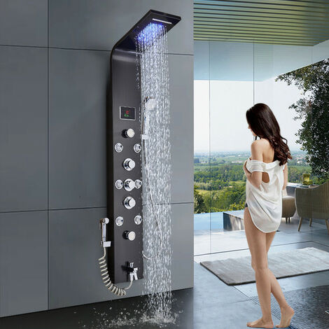 Zamery – Colonne de douche hydromassante en acier inoxydable 304 – 6 fonctions : pluie, cascade, jets de massage, LED – Affichage température d'eau