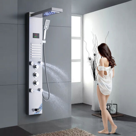 Zamery – Colonne de douche hydromassante LED en acier inox 304 – Finition noir mat – 5 modes d'eau – Affichage température hydroélectrique