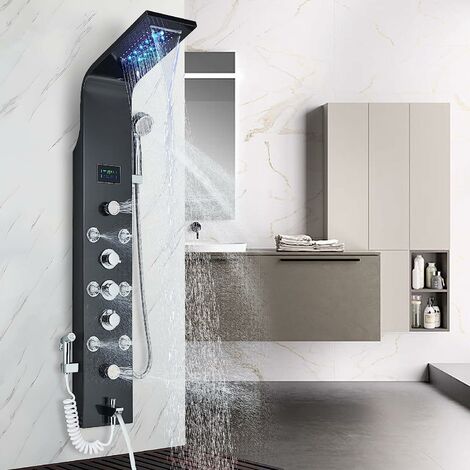 Zamery – Colonne de douche hydromassante noir LED – Acier inoxydable anti-empreinte – 2 grandes buses massants – 6 jets de massage – Écran LCD affichage température