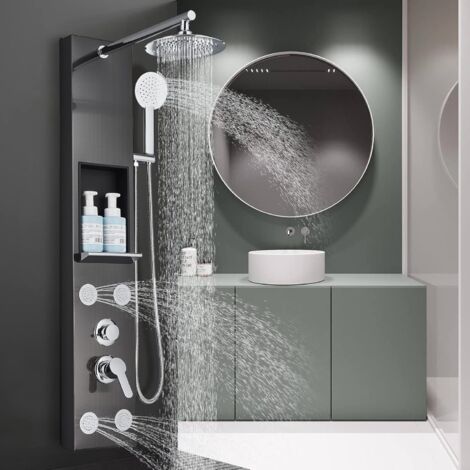 Zamery – Colonne de douche hydromassante noire en acier inoxydable – 4 jets de massage réglables – Tuyau 1,5m en inox – Installation facile