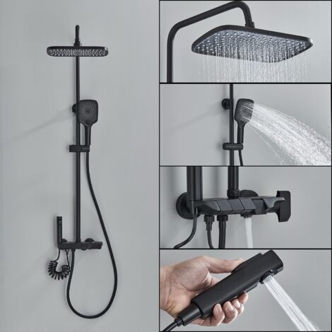 Zamery – Colonne de douche noire 4 modes – Tête de douche 29 cm – Douchette à main 3 modes – Montage mural – Étagère intégrée