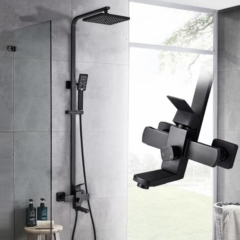 Zamery – Colonne de douche noire réglable 80-120 cm – Mitigeur en laiton H59 – Pommeau carré 20x20 cm – 3 fonctions de jet – Tuyau inox 150 cm