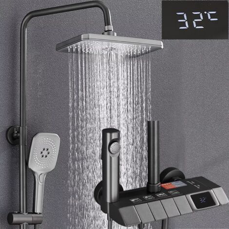 Zamery – Colonne de douche thermostatique avec affichage LCD – 6 fonctions – Douche de pluie et à main – Tuyau flexible 59 pouces – Buses en caoutchouc souple