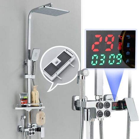 Zamery – Colonne de douche thermostatique en acier inoxydable – Hauteur réglable 80-120 cm – Écran LCD température – Douche pluie et main