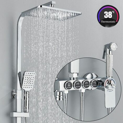 Zamery – Colonne de douche thermostatique murale – Tête de douche 29x19cm – 5 modes de sortie – Robinet baignoire – Douchette flexible 1.5m