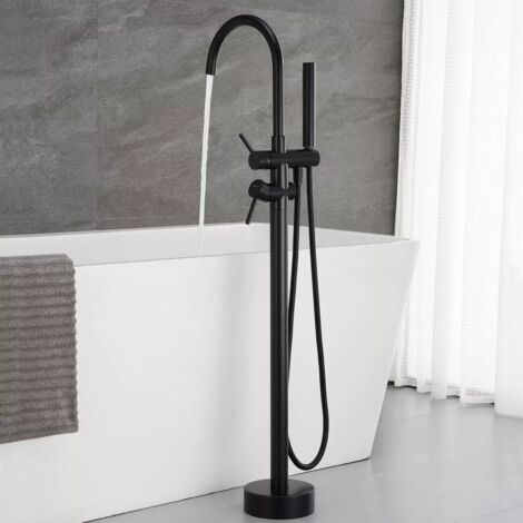 Zamery – Mitigeur de baignoire autoportant noir – Laiton massif avec finition galvanoplastie – Douchette rotative 360° – Tuyau inox 1,5m