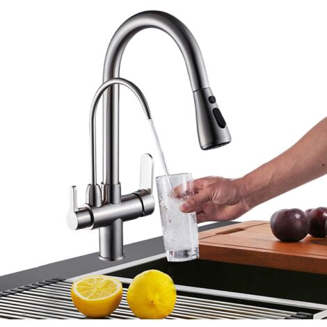 Zamery – Mitigeur de cuisine 3 voies rotatif 360° – Acier inoxydable sans plomb – 3 modes de pulvérisation – Installation facile 3/8'
