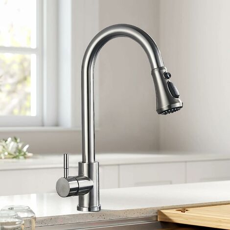 Zamery – Mitigeur de cuisine avec douchette extensible – Acier inoxydable – Rotatif 360° – 3 modes de pulvérisation – Installation facile