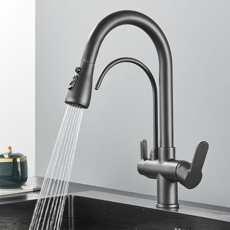 Zamery – Mitigeur de cuisine avec douchette extractible – Acier inoxydable sans plomb – 3 modes de pulvérisation – Rotatif 360° pour évier double