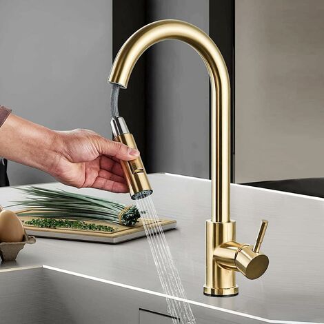 Zamery – Mitigeur de cuisine doré brossé avec 2 modes – Douchette extractible 360° – Acier inoxydable 304 – Durée de vie 500 000 utilisations