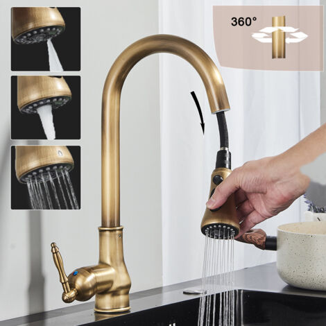 Zamery – Mitigeur de cuisine rétro en laiton et acier inoxydable 304 – Douchette extractible 3 fonctions – Débit 2 GPM – Installation rapide