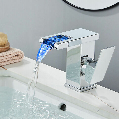 Zamery – Mitigeur de lavabo LED monocommande – Bec cascade en laiton chromé – Installation facile avec écrou en cuivre – Pour salle de bain moderne