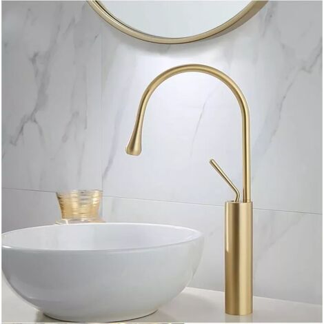 Zamery – Robinet de lavabo cascade doré brossé – Mitigeur monocommande avec eau chaude et froide – Laiton résistant à la corrosion – Installation facile