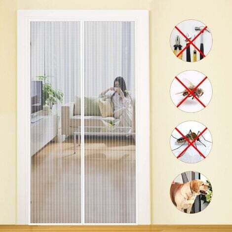 Zanzariera magnetica bianca per porta 120x220cm, tenda anti-mosche con striscia adesiva, chiusura automatica, maglia ultra fine, installazione senza attrezzi, facile per bambini e animali domestici.