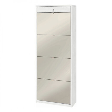 Zapatera de 4 puertas con espejo y 1 cajón, 63L x 29P x h164 – Acabado Blanco Mate – Sarmog