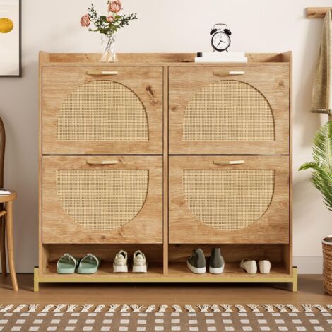 Zapatero - 108,5 x 24 x 100 cm - 4 puertas de ratán - estructura metálica y estante superior - Madera