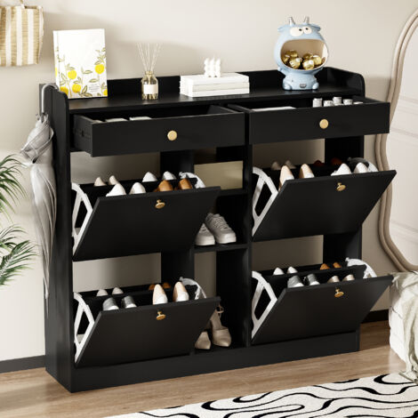 Zapatero 110x26x100cm compacto con 4 abatibles y 2 cajones tablero de partículas color negro