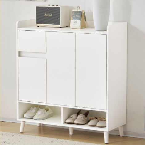 Zapatero 99x90x35 cm con estantes y patas regulables, aparador de almacenaje, madera, blanco
