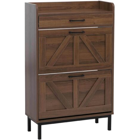 Zapatero basculante con 2 compartimentos abatibles y 1 cajón 95x60x24 cm MDF revestido de melamina marrón 040008857
