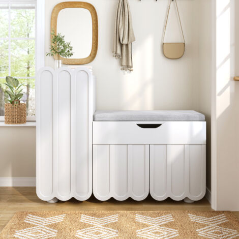 Zapatero blanco de 3 puertas con cajón y cojín de asiento, 90x35x60 cm