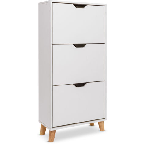 main image of "Zapatero blanco de diseño nórdico con 3 estantes con pies de madera de pino"
