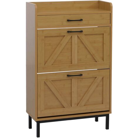 Zapatero con 2 compartimentos basculantes + cajón estante integrado 95x60x24 cm MDF con acabado efecto bambú 040008855