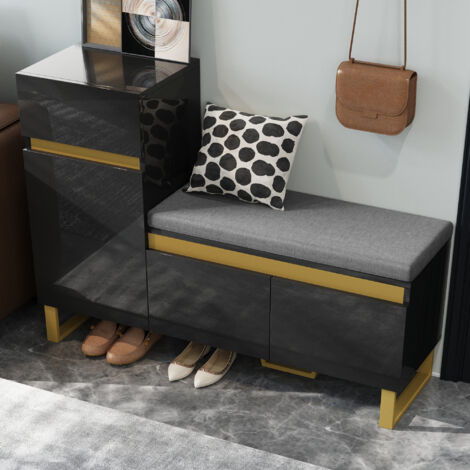 Zapatero con 2 Puertas, 1 Cajón, Banco con Cojín y Hueco Abierto, MDF, Negro, 120 x 35 x 85 cm