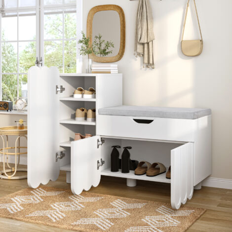 Zapatero con asiento acolchado 3 puertas y cajón MDF 90x35x74.5cm color blanco