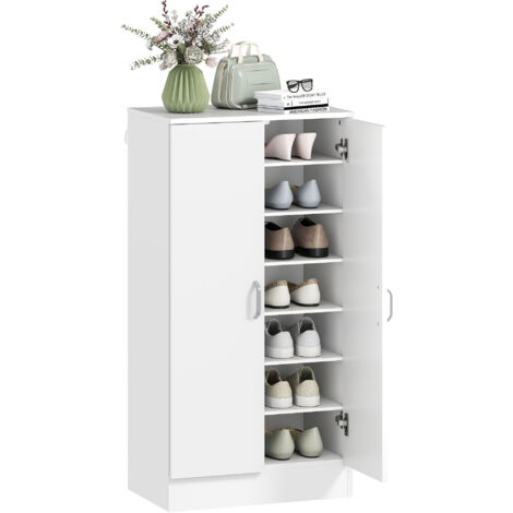 Zapatero con bisagras de cierre suave, estantes ajustables, zapatero de 6 niveles para recibidor, capacidad para 14 pares, 55 x 35 x 108 cm, madera, blanco