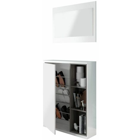 Mueble recibidor Dodd, Recibidor con 2 puertas, Armario con espejo,  Almacenamiento multifunción, 77x24h91 cm, Blanco y Roble