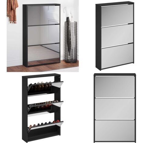Zapatero con espejo de 3 niveles negro 63x17x102,5 cm - Mueble para zapatos - Almacenamiento de zapatos