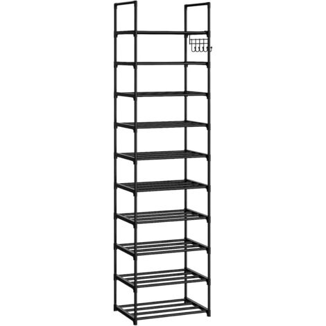 Zapatero de 10 niveles, ahorra espacio, de metal, con ganchos, apilable, para entrada, sala de estar y dormitorio, color negro