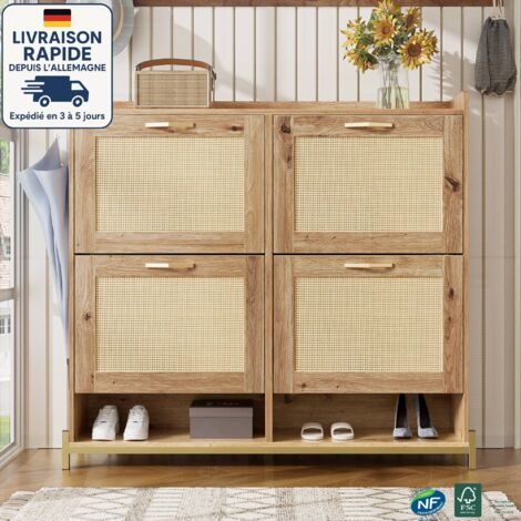 Zapatero de 4 puertas - Zapatero de ratán con asas de metal - Ahorra espacio - Madera con certificación PEFC - 108,5 cm (24 x 100 cm) - Estilo bohemio/boho chic