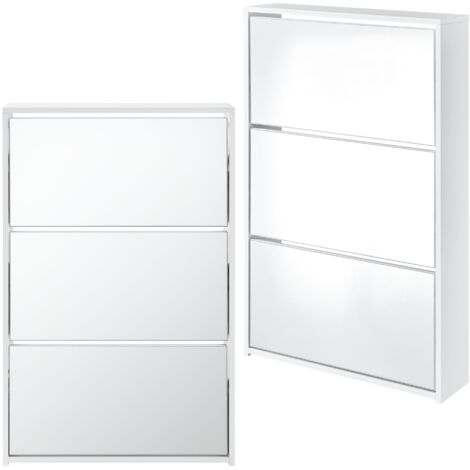 Zapatero de diseño mueble de almacenamiento con 3 compartimentos para 9 pares frente de espejo tablero de partículas de melamina 102,5 x 63 x 17 cm blanco 030005165
