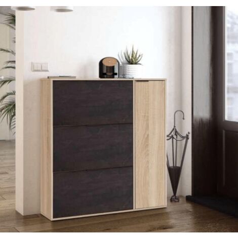 ABITARE Zapatero de doble profundidad 106x22x115 cm con 3 puertas abatibles y 1 puerta acabado óxido y roble canadiense – Russia
