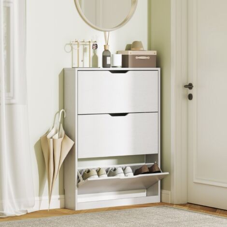 Zapatero de madera para entrada con 3 puertas plegables, capacidad para 12 pares de zapatos, 80x17x108 cm, blanco