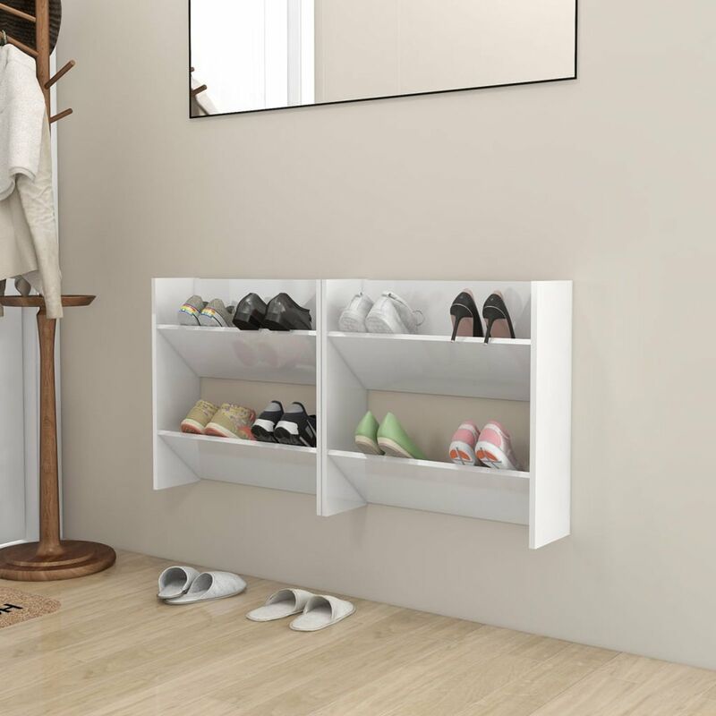 

Zapatero de pared 2 uds aglomerado blanco brillante 60x18x60 cm