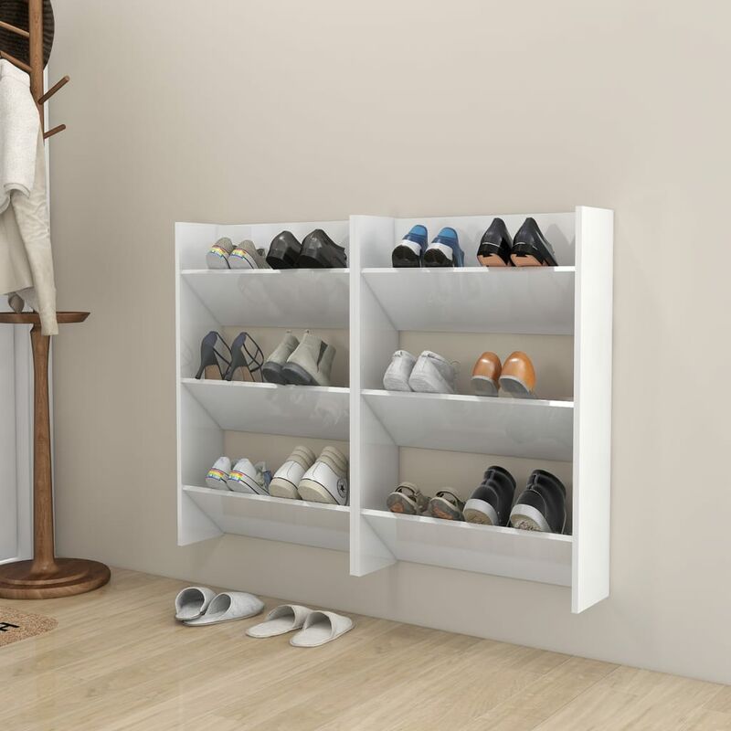 

Zapatero de pared 2 uds blanco brillante aglomerado 60x18x90 cm