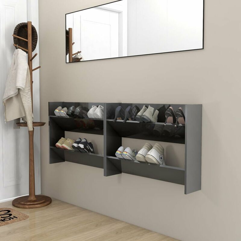 

Zapatero de pared 2 uds gris brillante aglomerado 80x18x60 cm